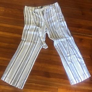 Blue and white linen pants with tie waist